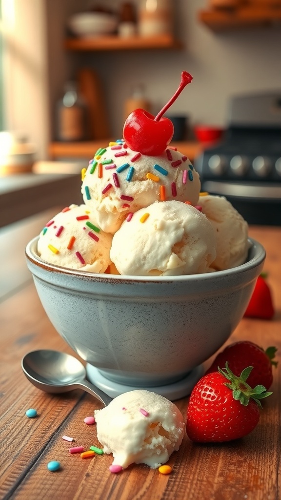 A bowl of homemade vanilla ice cream topped with sprinkles and a cherry, with strawberries on the side.